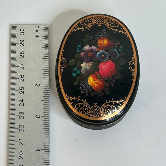 Vintage Black and Gold Floral Made in England Metal Tin Vanity Decor Storage - Picture 7 of 8
